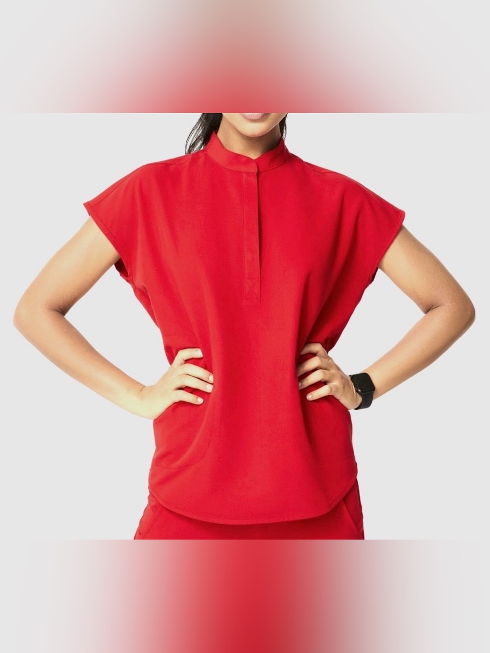 FIGS Rafaela Red Mandarin Collar Scrub Top